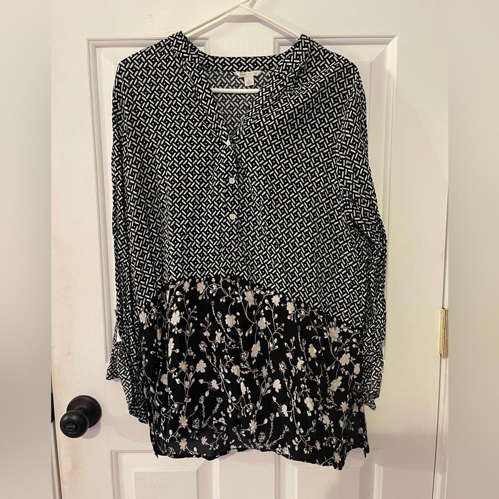 Cato Black and White Asymmetrical Tunic with Mandarin Collar